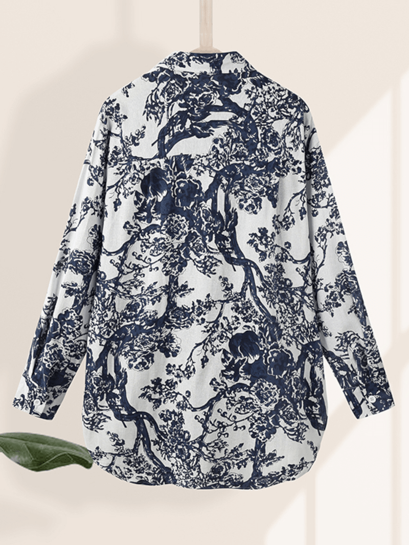 Women Floral Print Lapel Collar High Low Split Hem Long Sleeve Casual Shirts - MRSLM