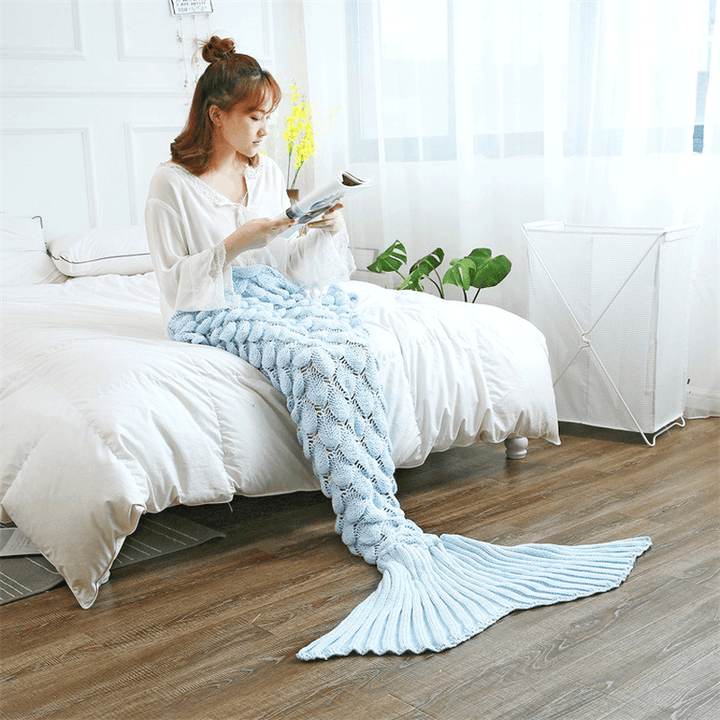 Mermaid Tail Blankets Yarn Knitted Handmade Crochet Mermaid Blanket Kids Throw Bed Wrap Super Soft Sleeping Bed - MRSLM