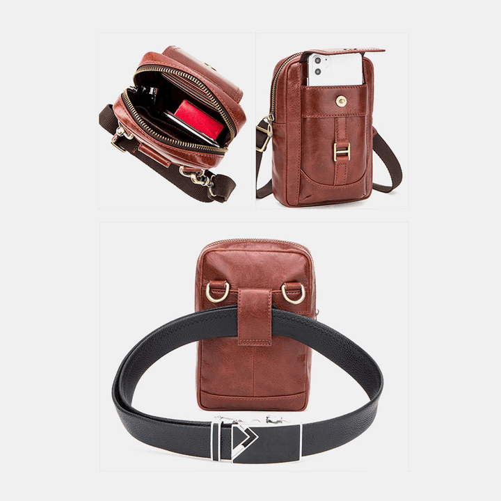 Men Genuine Leather Retro Fashion 5.8 Inch Phone Bag Multi-Carry Crossbody Bag Waist Bag - MRSLM