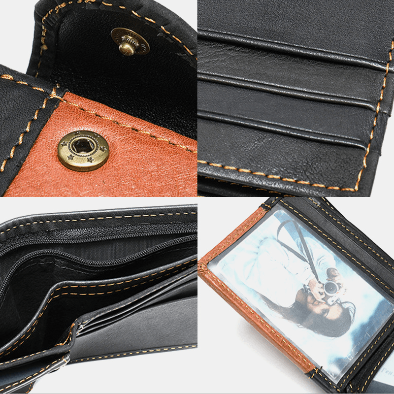 Men Genuine Leather Short Bifold RFID Anti-Theft Card Holder Coin Purse Wallet Cowhide Money Clip - MRSLM