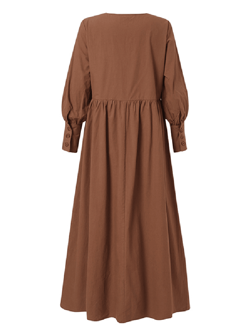Vintage Puff Sleeve O-Neck Solid Color Side Pocket Pleated Maxi Dress for Women - MRSLM