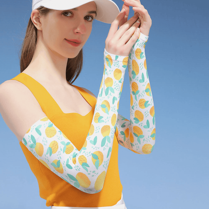 Women Ice Silk Fruit Flower Pattern Printing Long Sun Protection Sleeves Thin Breathable Driving Arm Guard Glove - MRSLM