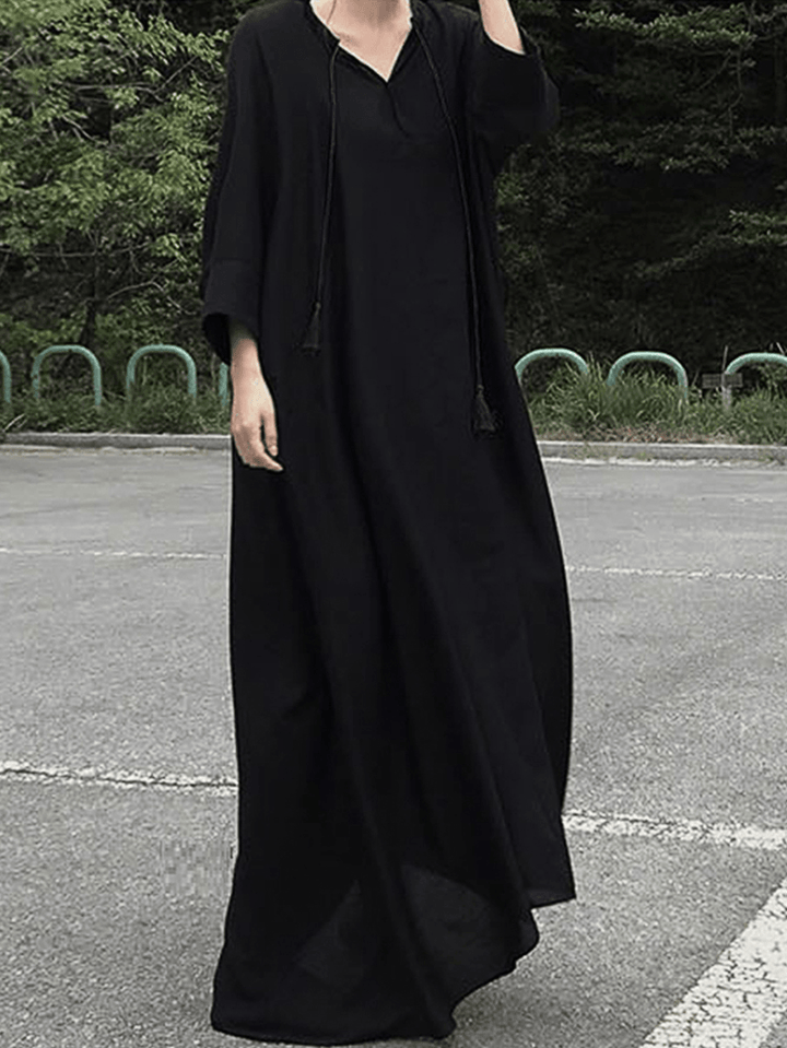 Women Casual V Neck 3/4 Seeve Solid Cotton Maxi Dress - MRSLM