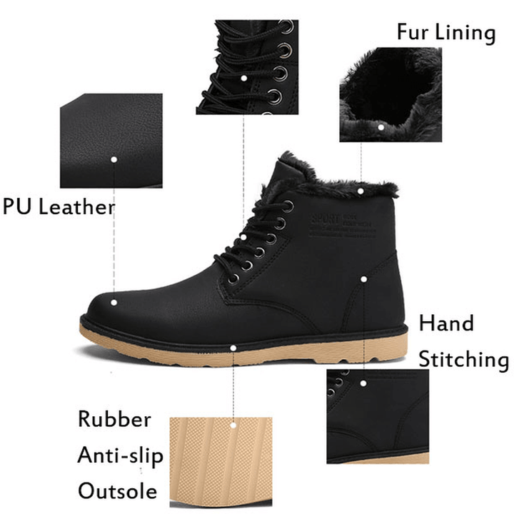 Men Comfortable Warm Fur Lining Leather Laces up Boots Shoes - MRSLM