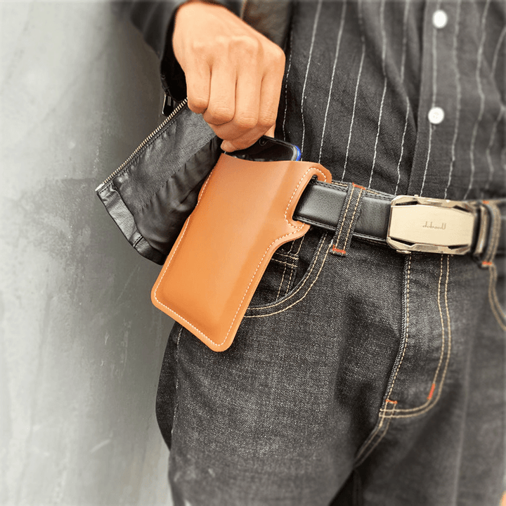 Men Faux Leather Solid Color Phone Bag Retro Easy Carry Waist Bag EDC Belt Bag with Belt Loop - MRSLM