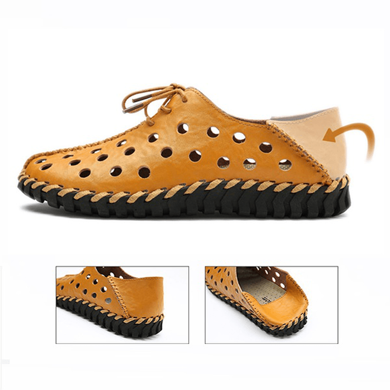 Men Casual Hand Stitching Hollow Outs Genuine Leather Oxfords - MRSLM