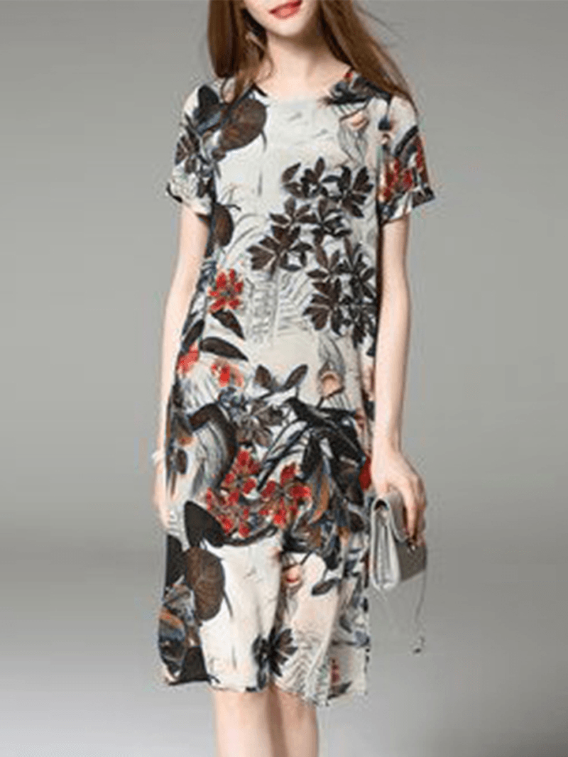 Floral Short Sleeve O-Neck Split Mini Dress - MRSLM