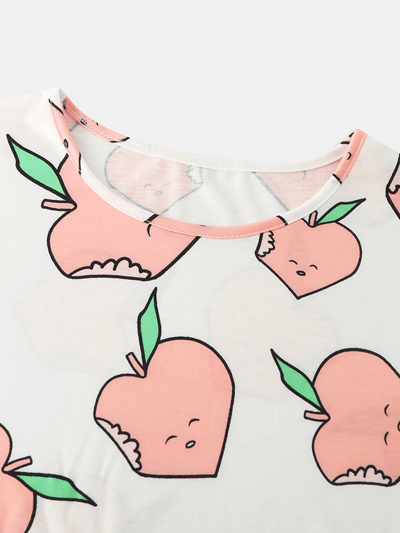 Women Cartoon Peach Print Short Sleeve Elastic Waist Home Casual Pajama Set - MRSLM