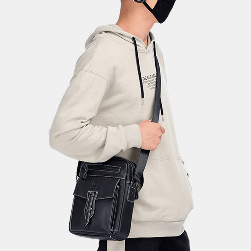 Bullcaptain Men Genuine Leather Multi-Pocket Anti-Theft Crossbody Bag Shoulder Bag - MRSLM
