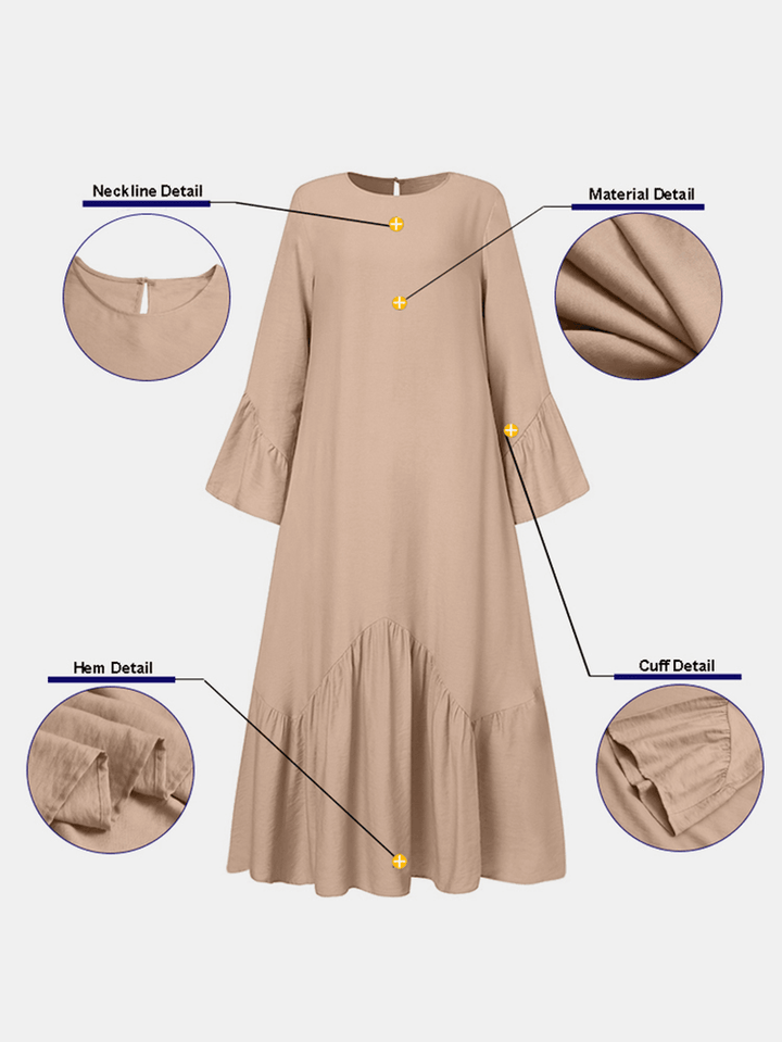 Women Solid Color Ruffle Long Sleeve Simple Kaftan Maxi Dresses - MRSLM