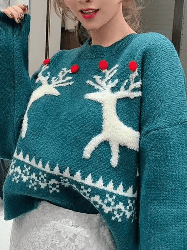 Women Christmas Elk Patch Knitted Crew Neck Drop Shoulder Sweaters - MRSLM