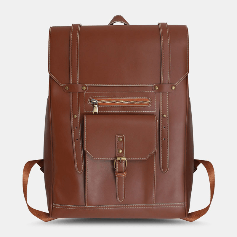 Men Retro PU Soft Leather Large Capacity Backpack Waterproof Breathable Front Pocket Design Shoulder Bag - MRSLM