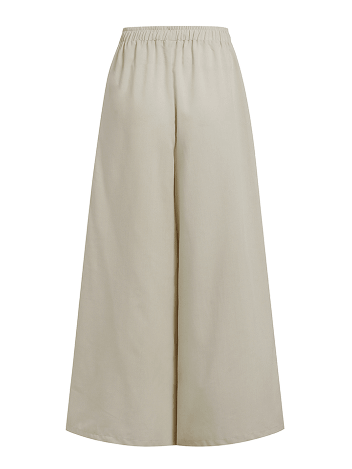 Women 100% Cotton Solid Color High Drawstring Waist Plain Casual Wide Leg Pants - MRSLM