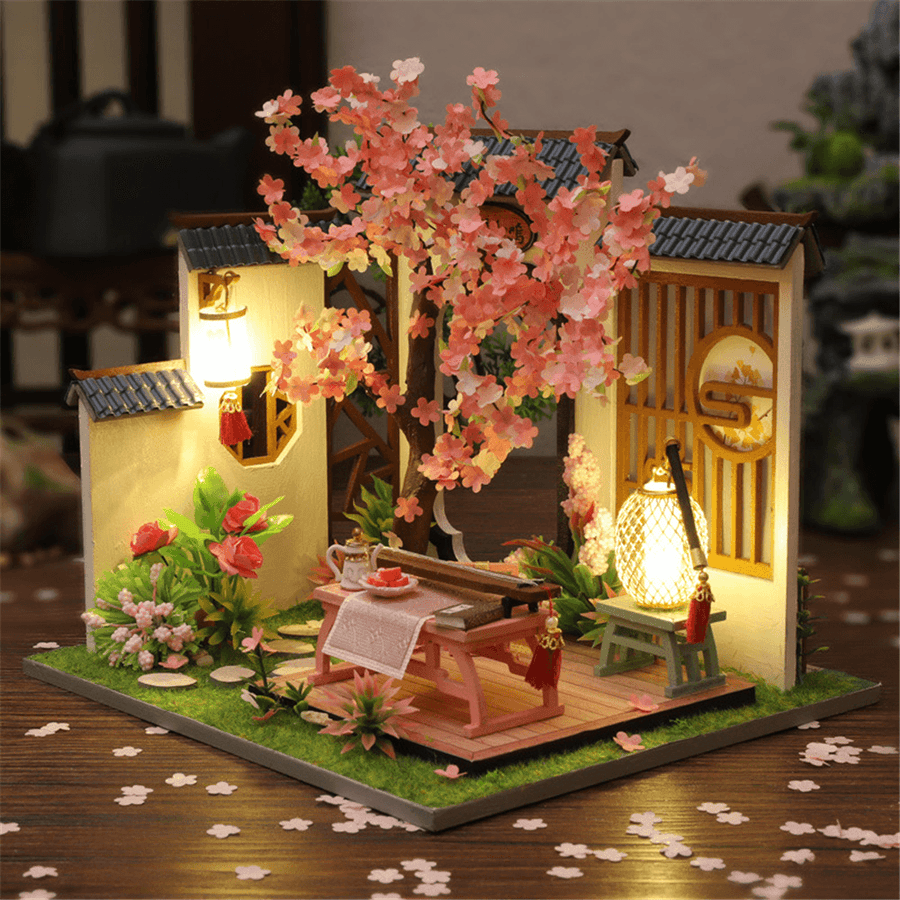 Creative DIY Chinese Style Retro Architectural Model Wooden Doll House Miniature Landscape Home Creative Gifts with Dust Cover and Furniture - MRSLM