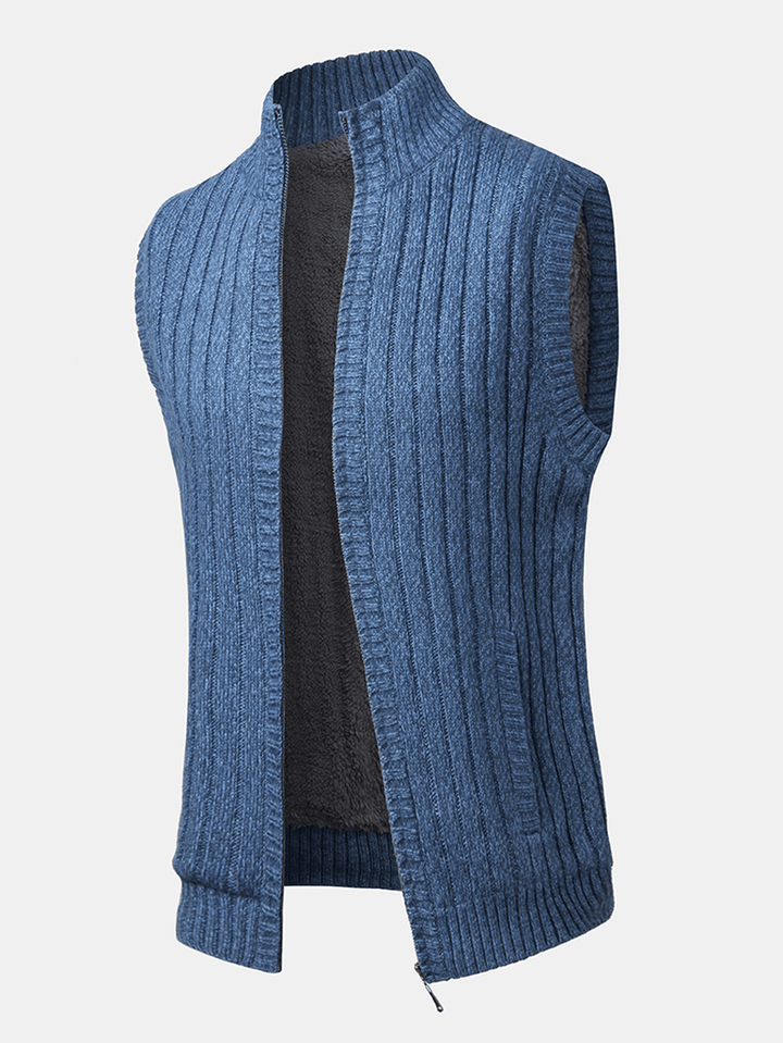 Mens Solid Color Knitted Warm Fleece Lined Zipper Sweater Vests - MRSLM