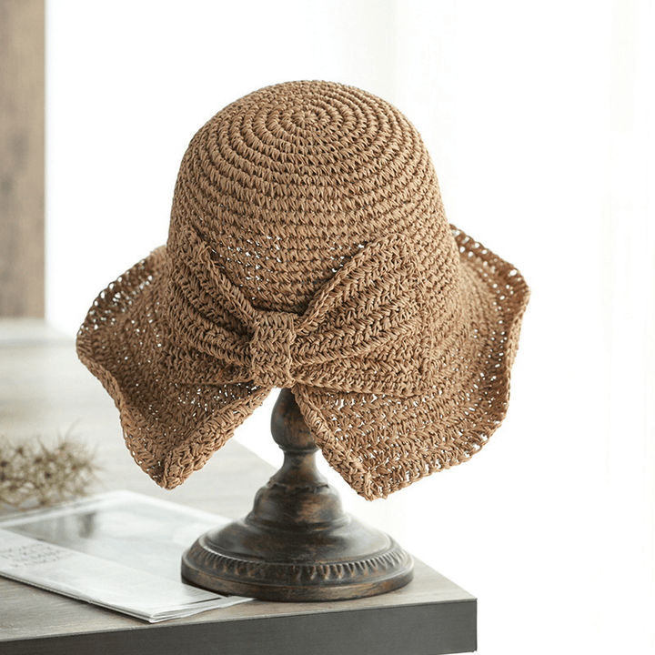Female Foldable Bowknot Decoration Casual Breathable Small Brim Sunscreen Sun Hat Straw Hat Bucket Hat - MRSLM