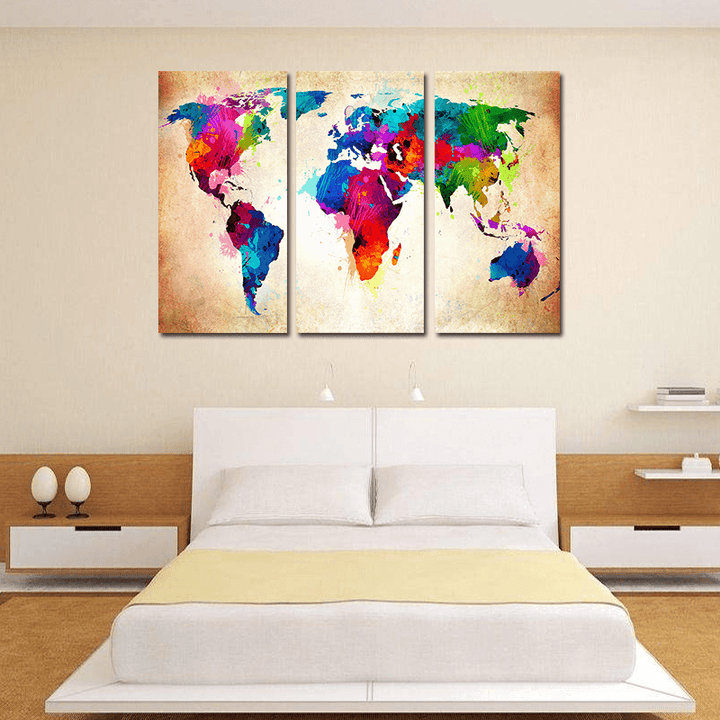 Miico Hand Painted Three Combination Decorative Paintings Colorful World Map Wall Art for Home Decoration - MRSLM