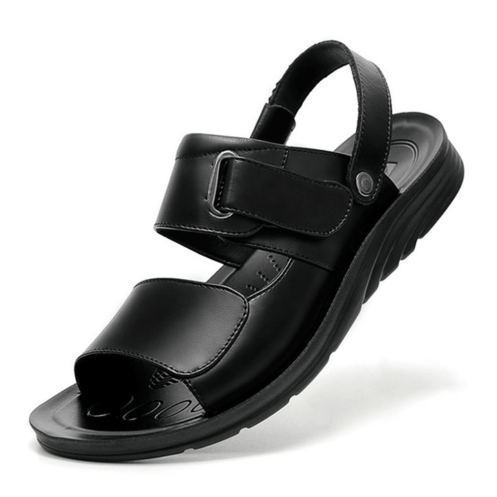Men Comfy Genuine Leather Open Toe Sandals Slippers Two Way Wear Shoes - MRSLM