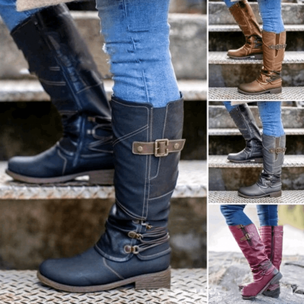Women Metal Buckle Decor Slip on Mid Calf Riding Boots - MRSLM