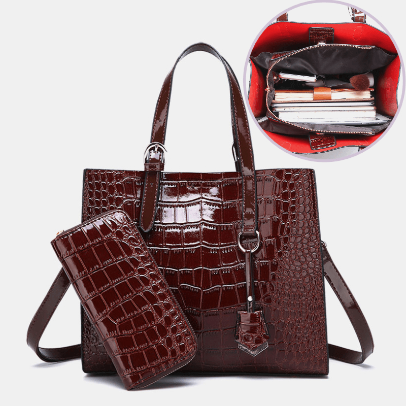Women 2PCS Alligator PU Multi-Pocket Large Capacity Handbag Crossbody Bag Tote - MRSLM