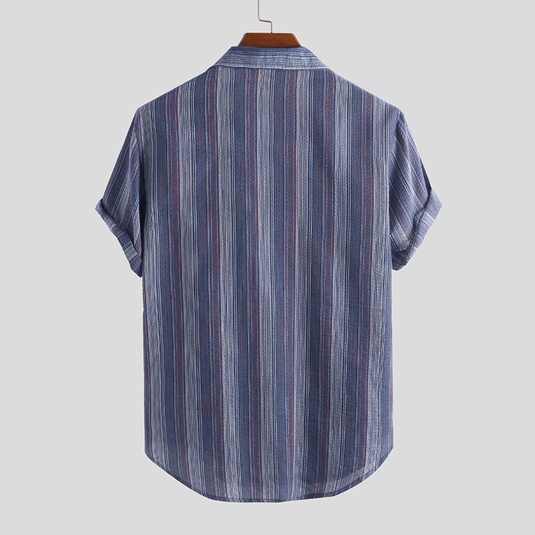 Men Cotton Vertical Stripe Short Sleeve Shirts - MRSLM