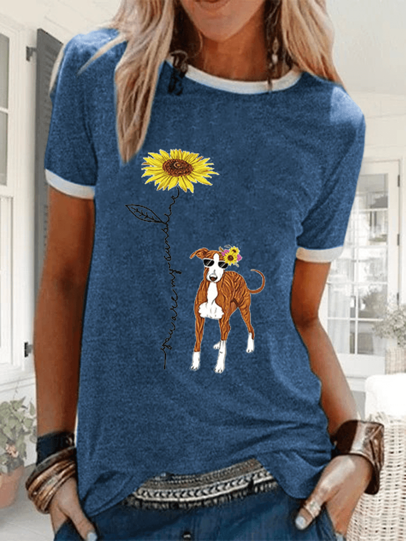 Cartoon Floral Dog Printed Short Sleeve Casual Loose T-Shirt - MRSLM