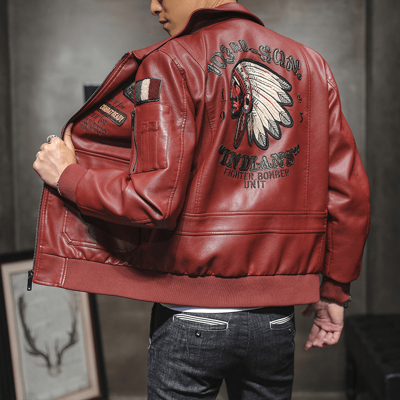 Men'S Pu Leather Jacket Men'S Lapel Embroidery Motorcycle Jacket - MRSLM