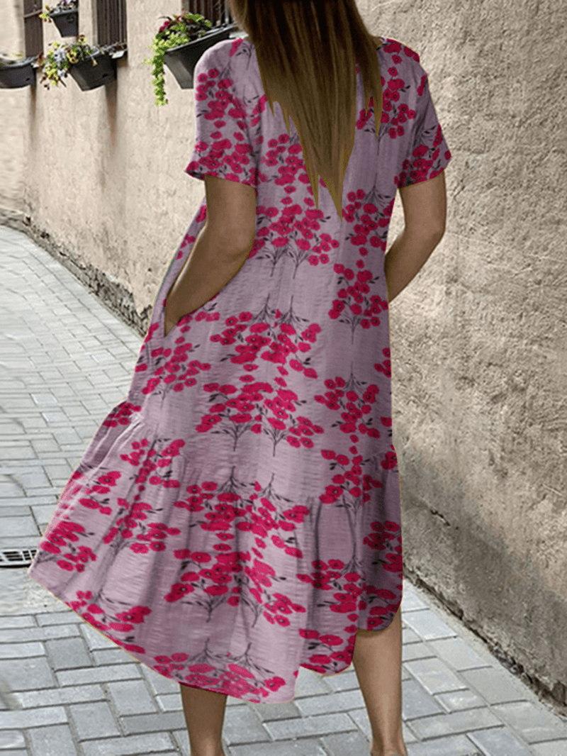 Women Flower Print High Low Hem Casual Short Sleeve Midi Dresses with Pocket - MRSLM