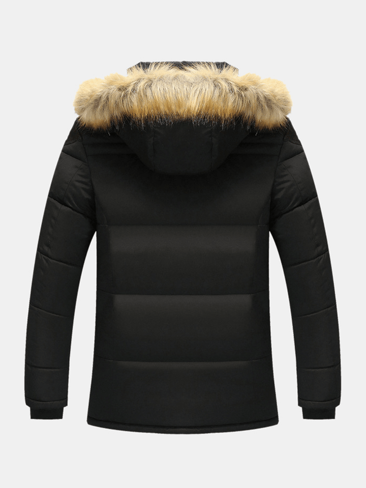 Mens Solid Color Fleece Lined Long Sleeve Thicken Detachable Faux Fur Collar Hooded Coats - MRSLM