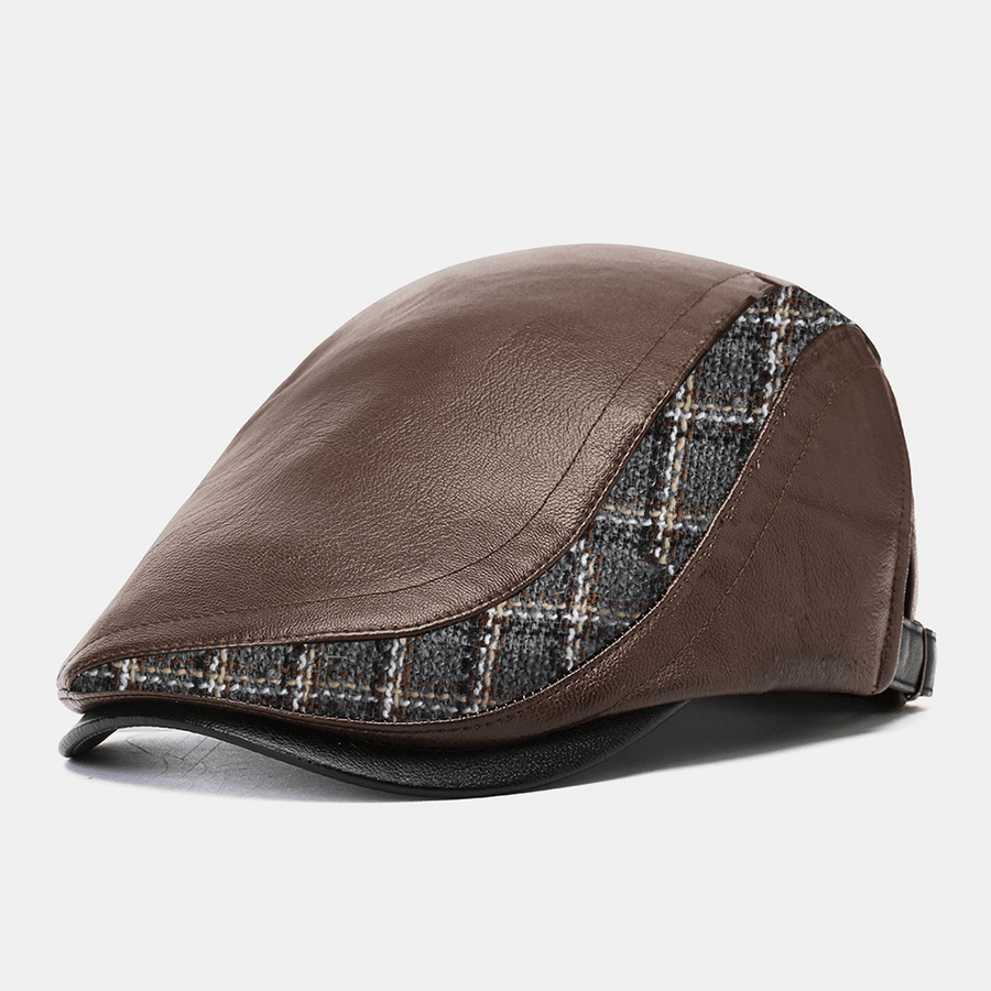 Men Plaid Pattern Knit Stitching Forward Cap Outdoor Casual Windproof Warm Berets Flat Hat - MRSLM