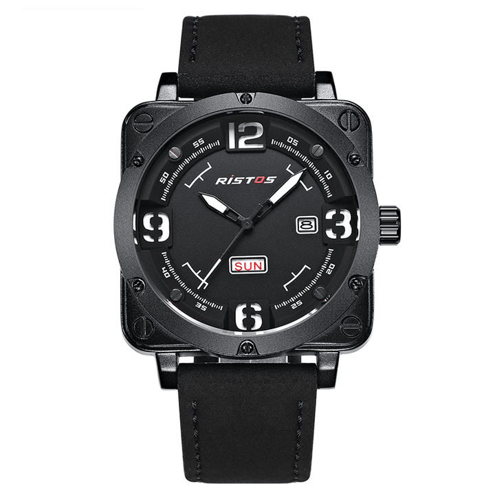 RISTOS 9320 Business Casual Leather Strap Date Week Luminous Time Display Men Wrist Watch Quartz Watches - MRSLM