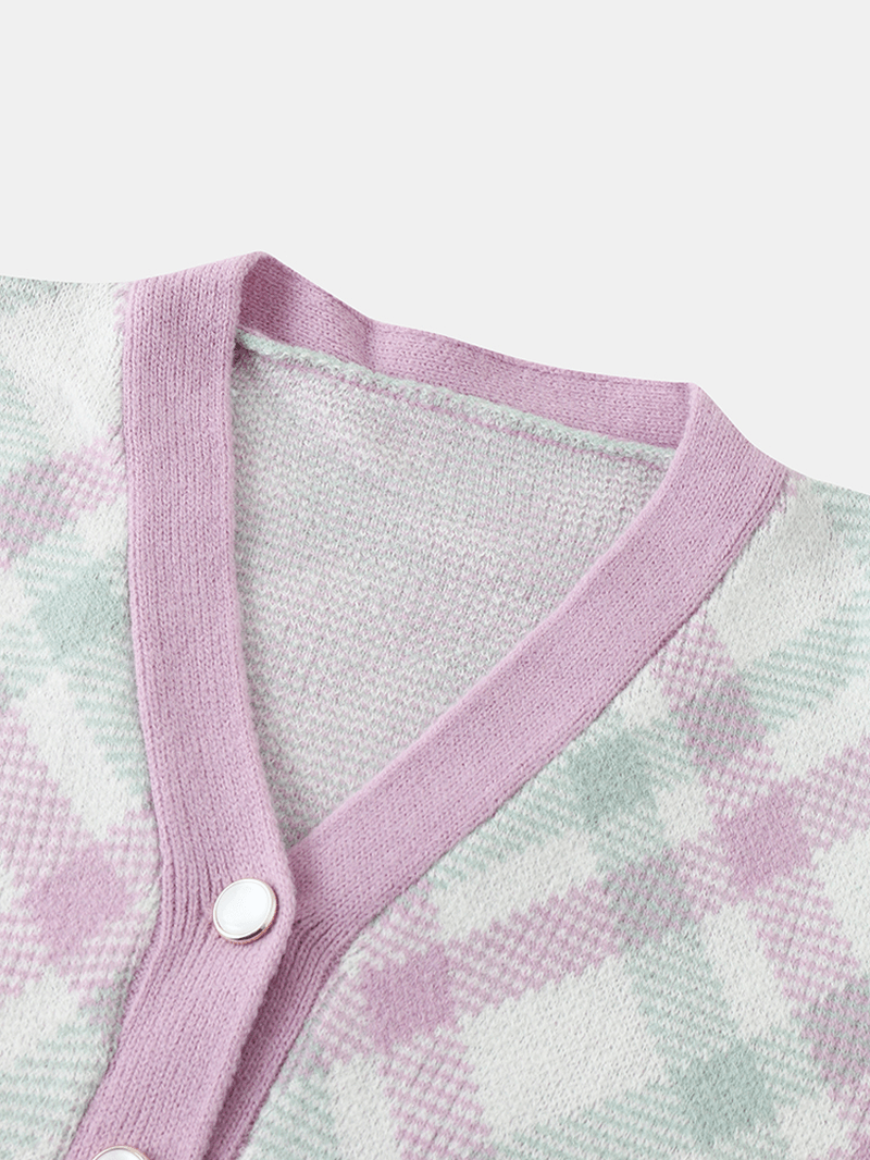 Women Plaid V-Neck Knitted Elastic Cuff Color Block Cardigan - MRSLM