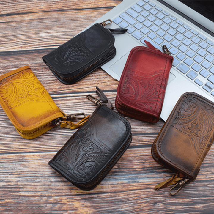 Men Vintage Genuine Leather Embossing Car Key Case Holder - MRSLM