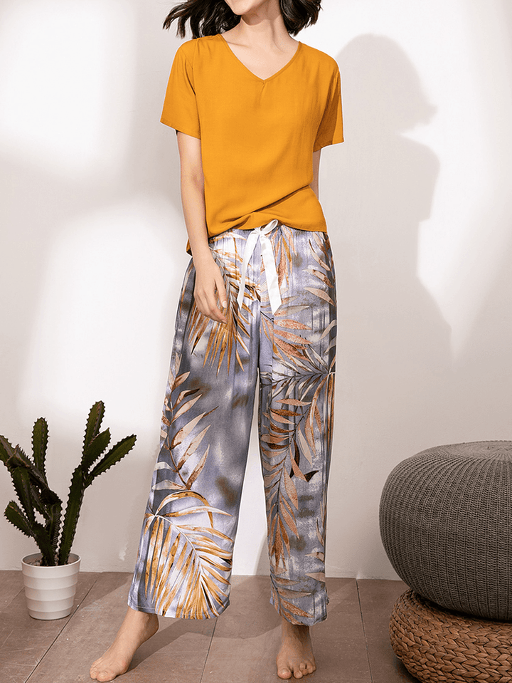 Women Ethnic Style Crane Print V-Neck Wide Leg Pajama Set - MRSLM
