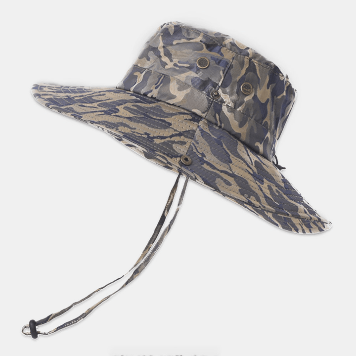 Men Camouflage Big Brim Windproof Rope Outdoor Fishing Climbing Anti-Uv Sunshade Bucket Hat - MRSLM
