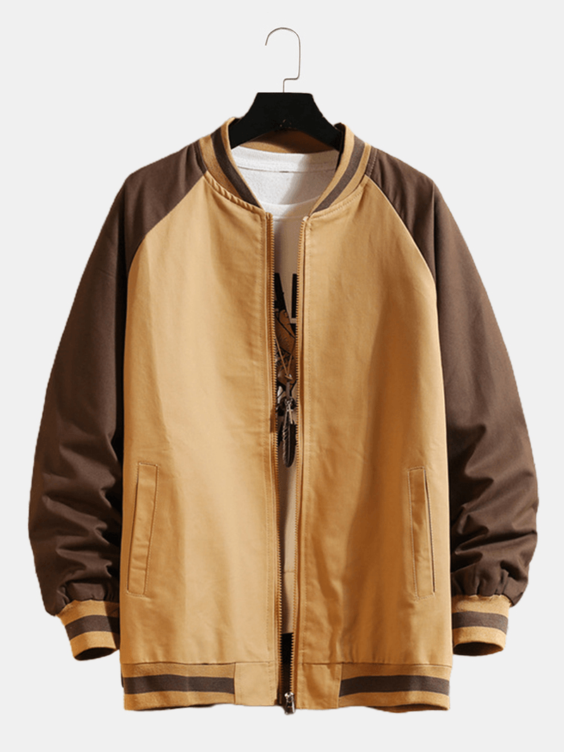 Mens Contrast Zip Front Baseball Collar Raglan Sleeve Cotton Jacket - MRSLM