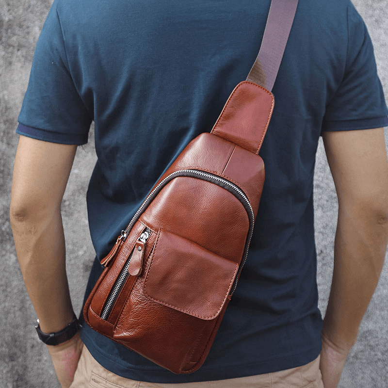 Men Genuine Leather Soft Waterproof Chest Bag Outdoor Sport Retro Large Capacity Crossbody Bags Shoulder Bag - MRSLM