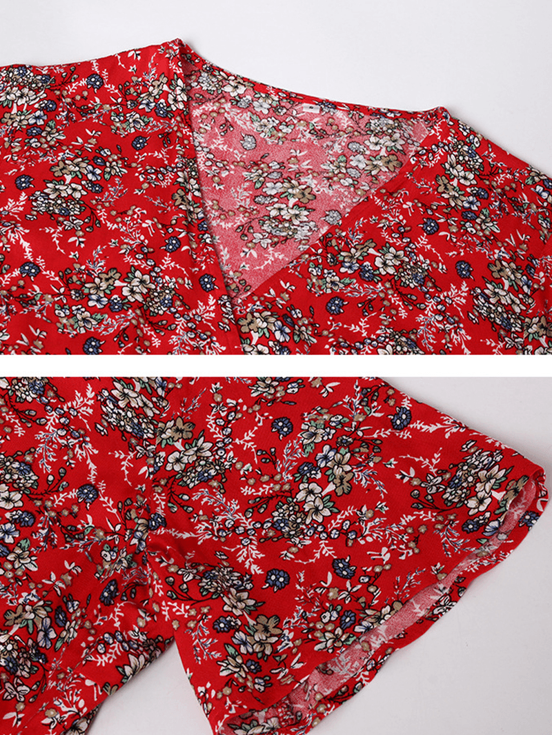 Cross Wrap Floral Print Bandage Short Sleeve Dress - MRSLM