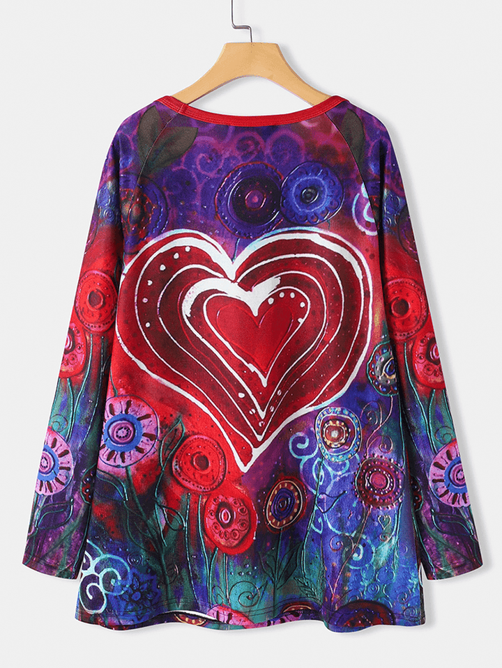 Women Graffiti Heart Floral Print round Neck Casual Long Sleeve T-Shirt - MRSLM