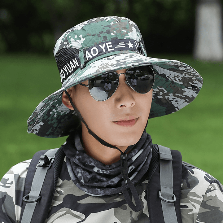 Men Camouflages Mesh Breathable Foldable Sunshade Hat Outdoor Fishing Anti-Uv Waterproof Big Brim Bucket Hat - MRSLM
