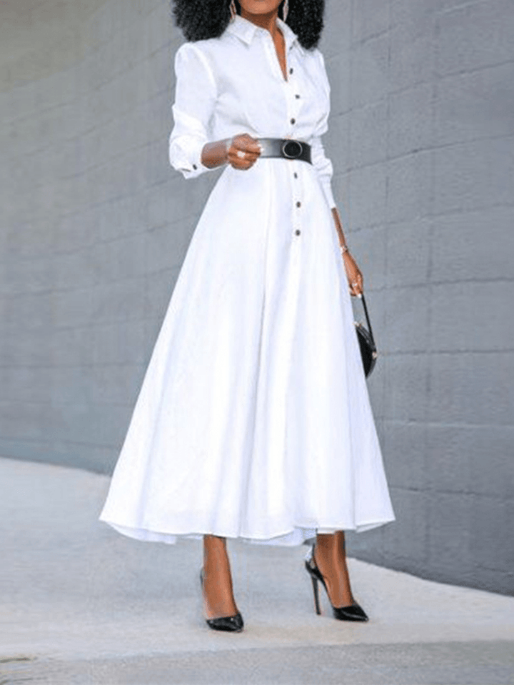 Women Basic Button down Front Lapel Solid Color Long Sleeve Shirt Dress - MRSLM