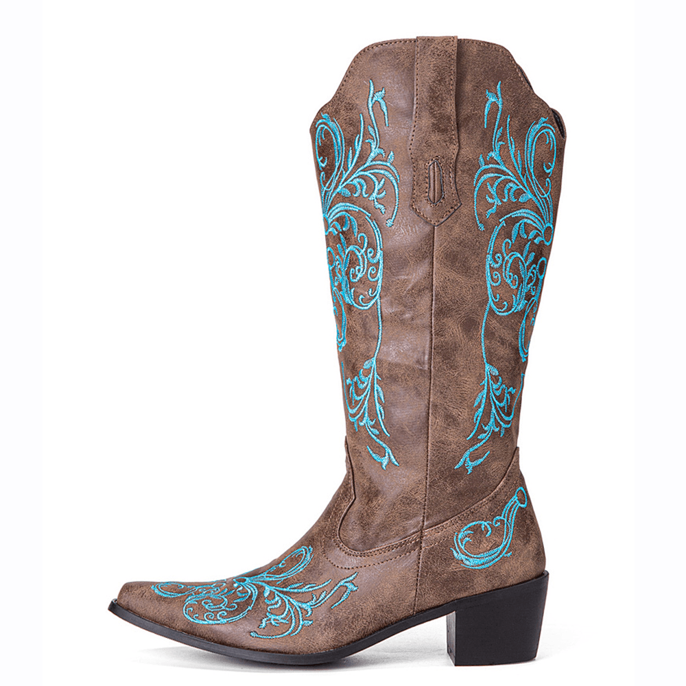 Women Floral Retro Embroidery Leather V-Cut Pointy-Toe Chunky Heel Mid-Calf Knight Boots - MRSLM