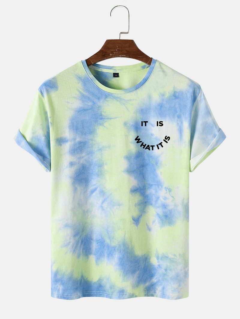 Mens Smile Letter Print Tie Dye Crew Neck Street T-Shirts - MRSLM