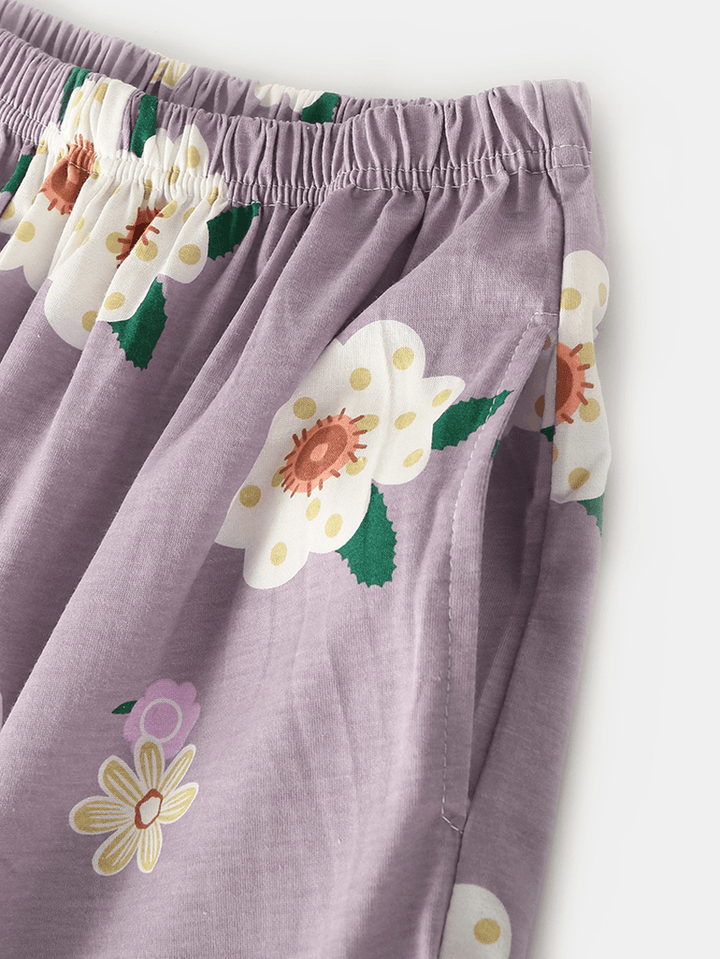 Women Floral Print Lapel Shirt Elastic Waist Pocket Loose Pants Home Pajama Set Sleepwear - MRSLM
