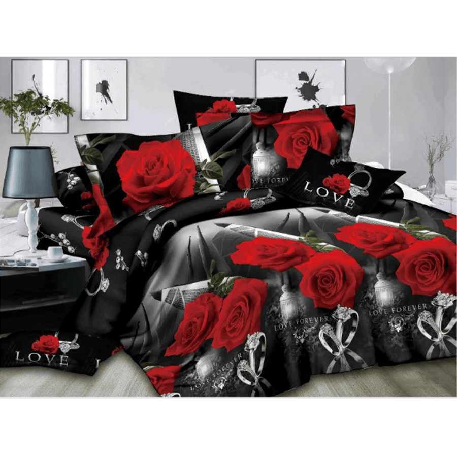 4PCS 3D Stereoscopic Rose Printed Bed Duvet Quilt Cover Pillowcase Bedding Sets - MRSLM