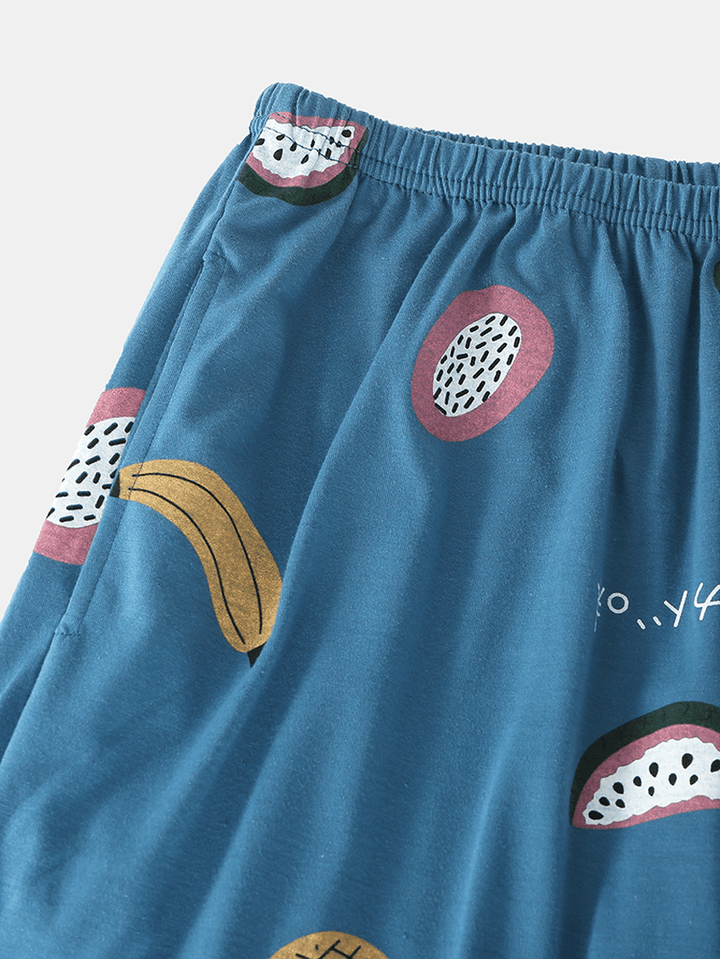 Women Cartoon Fruit Print O-Neck Loose Pants Cotton Comfy plus Size Home Pajamas Sets - MRSLM