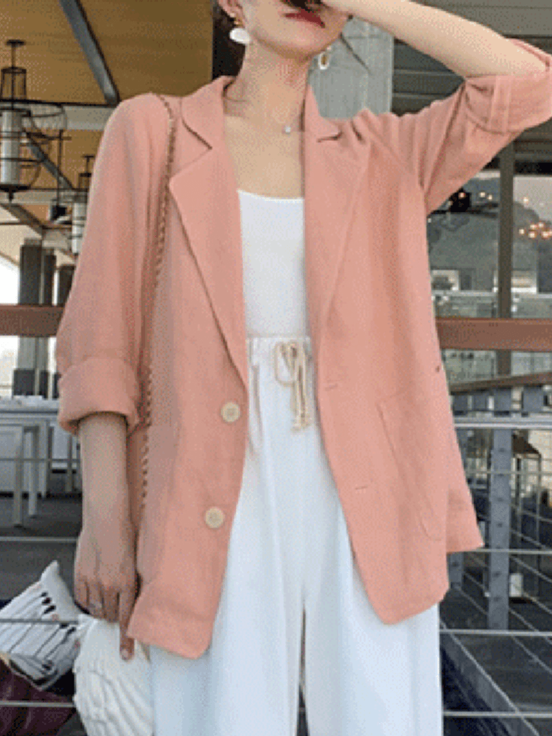 100% Cotton Solid Full Sleeve Lapel Loose Coat with Side Pockets for Women - MRSLM