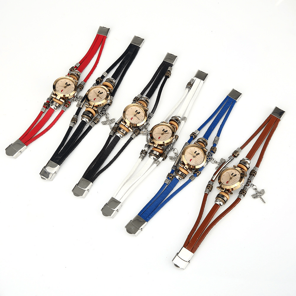 Deffrun Vintage Multilayer Women Bracelet Watch Diamond Dragonfly Pendant Leather Band Quartz Watch - MRSLM