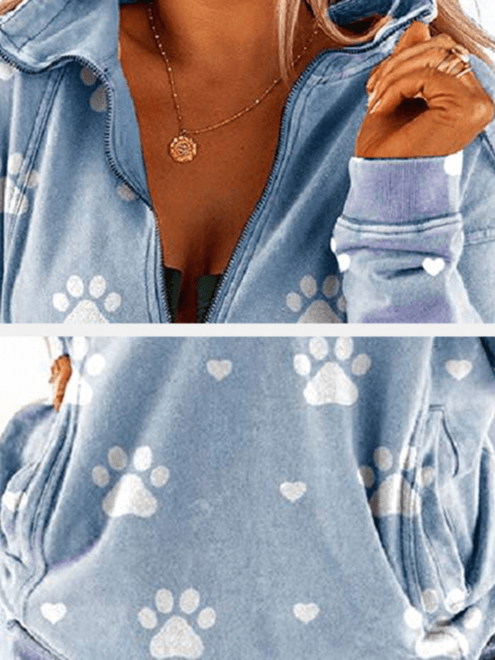 Women Dog'S Paw Print Half Zip Casual Long Sleeve Sweatshirts with Pocket - MRSLM