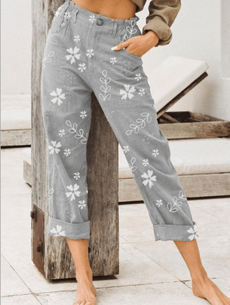 Casual Flowers Print Loose Pocket Long Pants for Women - MRSLM